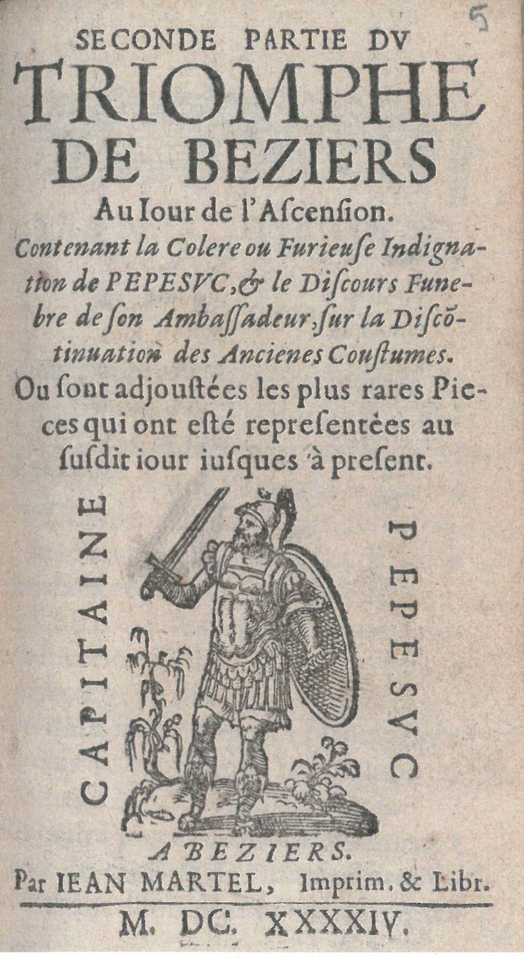 Page de titre du Triomphe de Béziers publié par Jean Martel de Béziers en 1644. BM Toulouse, Res. D XVII 373 (5)  